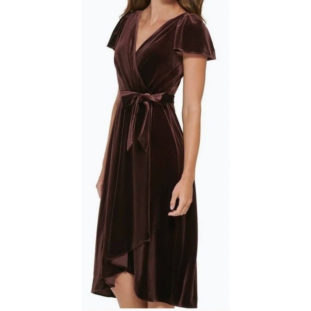DKNY Women's Brown Velvet Faux-Wrap Flutter-Sleeve Dress Midi Belted Size 6